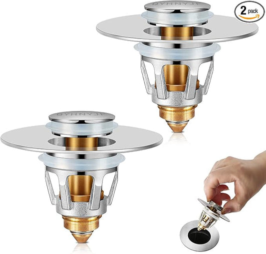 2Pcs Bathroom Sink Stoppers ，Pop Up Drain Stopper for Bathroom Sink，‎2-in-1 Sink Stopper & Strainer,Universal Wash Basin Sink Stopper，for 1.1"~1.5" Bathroom Sink Drain（Silver）