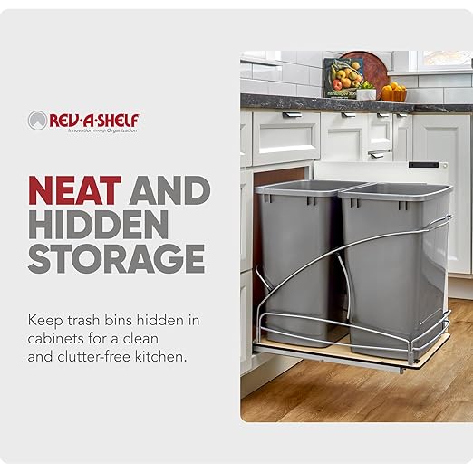 Rev-A-Shelf 35 Qt / 8.75 Gal Steel Bottom Mount Double Pullout Waste Container w/Soft-Close for Base Cabinets, Min Opening Width of 14.5", Silver, 54WC-1835SC-17-1