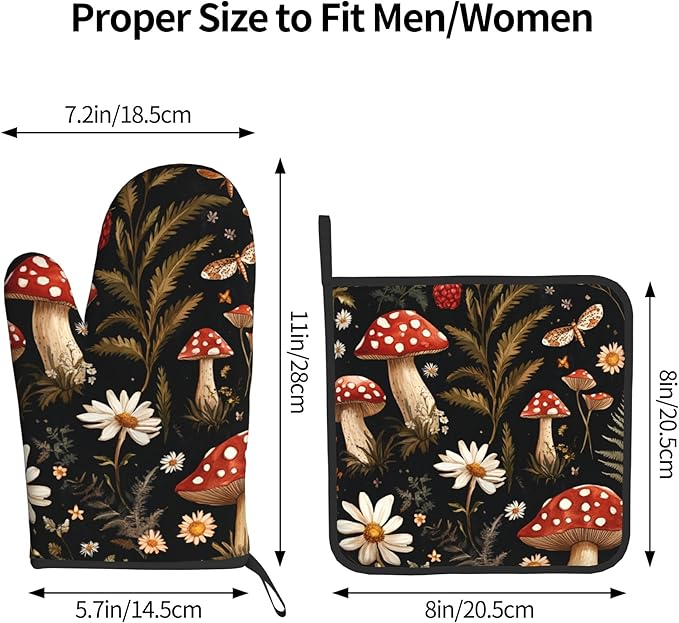 Mushroom Oven Mitt Pot Holder Set Vintage Floral BBQ Cooking Gloves with Loop Baking Grilling Kitchen Gifts for Spring Summer