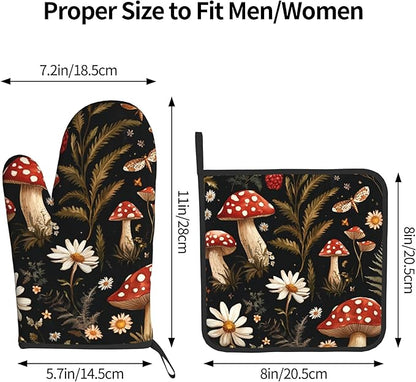 Mushroom Oven Mitt Pot Holder Set Vintage Floral BBQ Cooking Gloves with Loop Baking Grilling Kitchen Gifts for Spring Summer