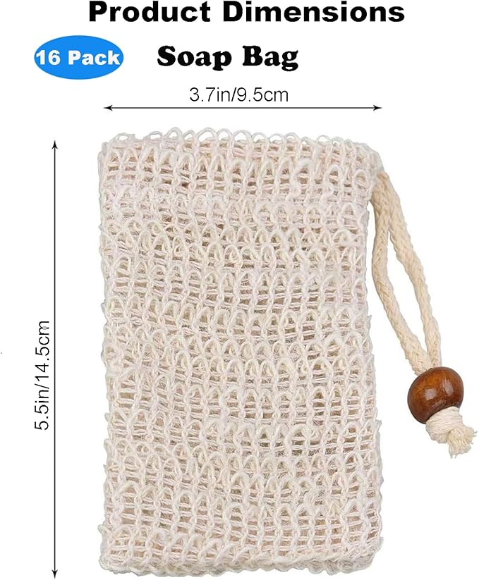 16 Pack Soap Bags for Soap Bars-Natural Sisal Soap Bag,Bar Soap Pouch with Drawstring, Exfoliating Soap Saver Bags mesh soap Bag with Wooden Beads Foaming and Drying Soap Holder for Bath Shower