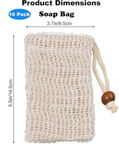 16 Pack Soap Bags for Soap Bars-Natural Sisal Soap Bag,Bar Soap Pouch with Drawstring, Exfoliating Soap Saver Bags mesh soap Bag with Wooden Beads Foaming and Drying Soap Holder for Bath Shower
