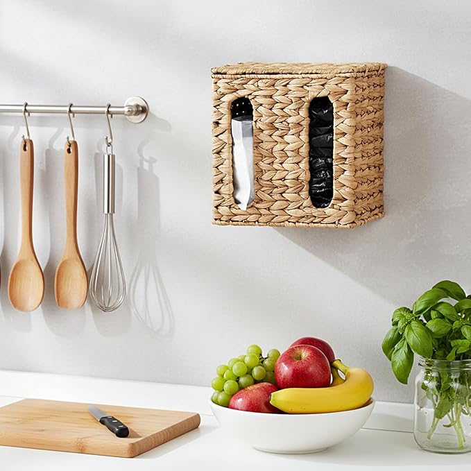Garbage Bag Dispenser with Lid Plastic Trash Bag Holder Under Sink Storage Organizers Wall Mount Water Hyacinth Grocery Bags Holder for Kitchen, Cabinet, Countertop