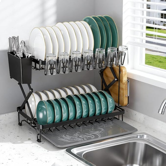 2-Tier Dish Racks for Kitchen Counter, Stainless Steel Kitchen Dish Drying Rack Large Dish Drainers for Kitchens Counter, Space Saving Dishes Strainer for Bowl, Plate, Cup - Modern Counter Organizer