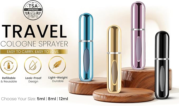 4 Pcs Refillable Perfume Atomizer, Travel Perfume Bottle Refillable and Leak-Proof, Portable Empty Cologne Atomizer, Mini Refillable Perfume Bottle for Pocket, Easy to Refill Decant Sprayer (8 ml)