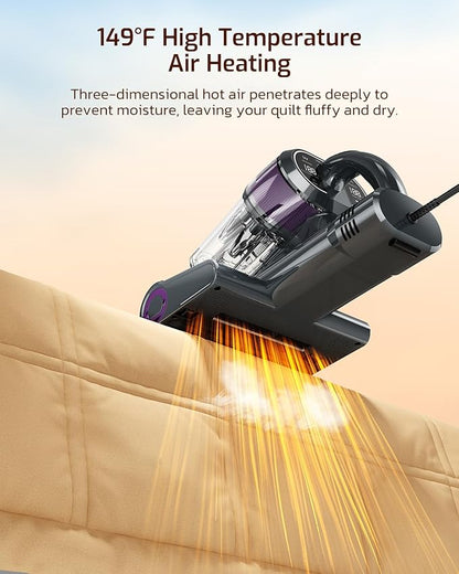 LED Display Mattress Vacuum Cleaner, 18Kpa Bed Vacuum Cleaner with 253.7nm UV-C Light, HEPA Filter & Ultrasoni, 149℉ Heat, Triple-Cup Versatile Handheld Vacuums for Pet Hair Fine Dust, Dark Gray