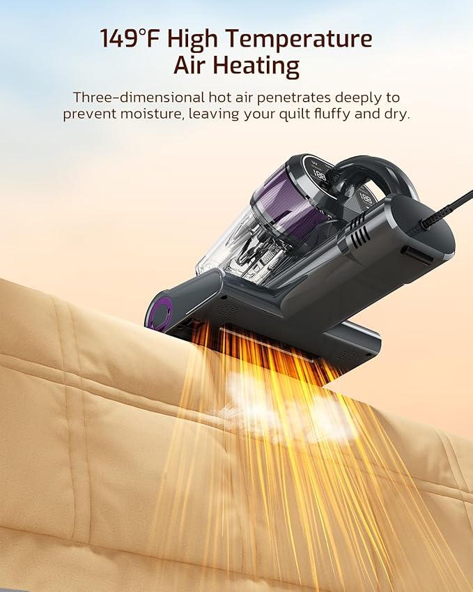 Simple Deluxe Mattress Vacuum Cleaner, 350W Bed Vacuum Cleaner with 18Kpa Powerful Suction and Triple Dust Bin, 253.7nm UV-C Light, HEPA Filter & Ultrasoni, 149℉ Heat, Handheld for Bed, Sofa, Corded