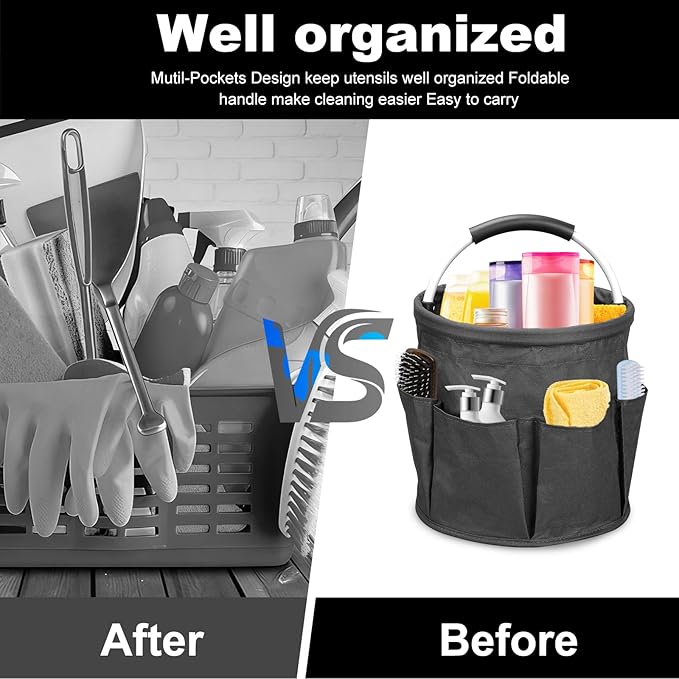 Qivine Cleaning Caddy for Cleaning Supplies, 17L Cleaning Supply Caddy with Handle Foldable Cleaning Supplies Organizer Bucket Tool Bag Organizer Cleaning Products Organizers for Home, Garden (Black)