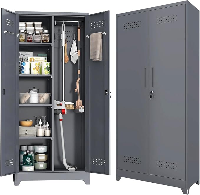 Metal Storage Cabinet with Lock,72" Garage Storage Cabinets with Hanging Rod & S-Hooks,Large Storage Cabinet with Shelves,Locking Tool Utility Closet for Home,Garage,Utility Room,Dark Grey