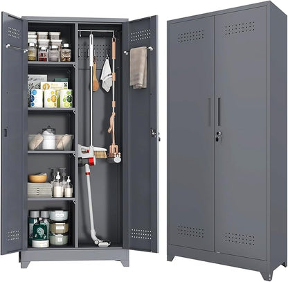 Metal Storage Cabinet with Lock,72" Garage Storage Cabinets with Hanging Rod & S-Hooks,Large Storage Cabinet with Shelves,Locking Tool Utility Closet for Home,Garage,Utility Room,Dark Grey