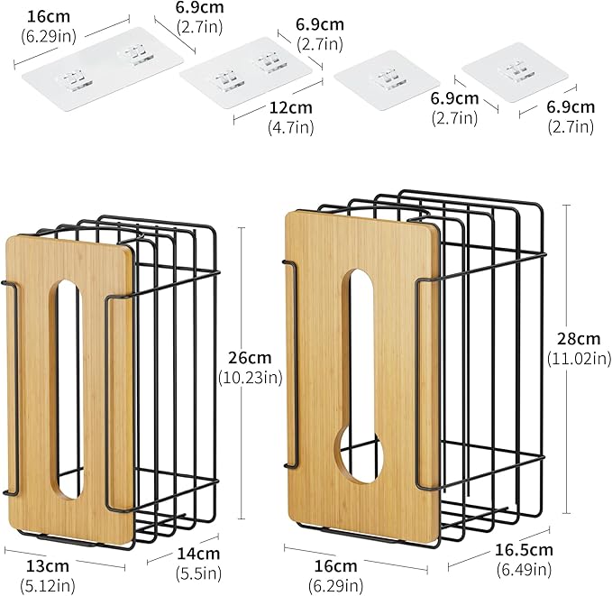 2 Pack Grocery Bag Holder, Wall Mount Bag Holder for Plastic Bags for Grocery Shopping Garbage Trash Bag Organizer with Bamboo Top for Kitchen, Pantry, Under Sink and Garage, Black