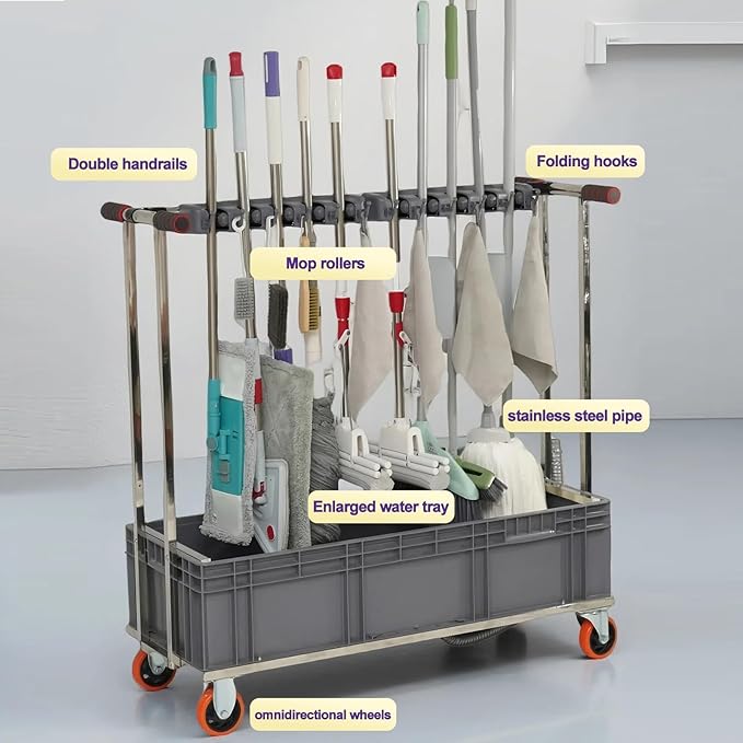 SARKEY Mobile Broom Mop Holder,Mobile Cleaning Trolley,Freestanding Housekeeping Storage,Solves The Problem Of Dripping Mops And Wet Floors,For Garden,Schools,Hotels(90x40x110cm(35x16x43in))