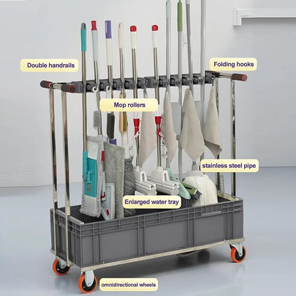 SARKEY Mobile Broom Mop Holder,Mobile Cleaning Trolley,Freestanding Housekeeping Storage,Solves The Problem Of Dripping Mops And Wet Floors,For Garden,Schools,Hotels(90x40x110cm(35x16x43in))