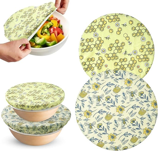 2-Pack Reusable Beeswax Bowl Covers with Bee Pattern, 10/12 Inch Elastic Cotton Food Storage Covers for Bread Proofing, Sourdough Dough & Kitchen Containers