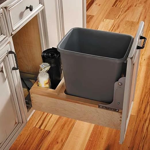 Rev-A-Shelf Single 35 Qt Wood Bottom Mount Pullout Under Cabinet Trash Can Waste Container with Full Extension Ball Bearings, Maple Wood, 4WC-15DM1
