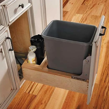 Rev-A-Shelf Single 35 Qt Wood Bottom Mount Pullout Under Cabinet Trash Can Waste Container with Full Extension Ball Bearings, Maple Wood, 4WC-15DM1
