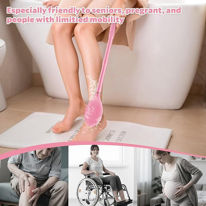 Foot Brush & Back Scrubber Set, 27.5'' Adjustable Foot Scrubber for Shower, 18.9'' Shower Back Scrubber with 3-Length Usage, Great Aid for People with Limited Mobility(Pink Set)