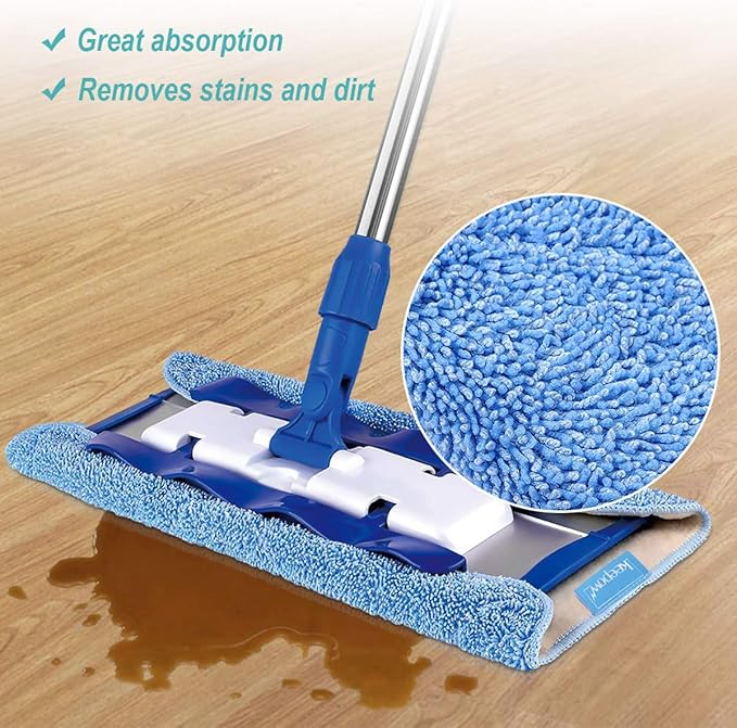 KEEPOW 5 Pack Reusable Microfiber Mop Refills, Compatible with MR.SIGA Professional Mop, Blue, 44cm X 24cm, For Hardwood, Laminate, Tile Floors