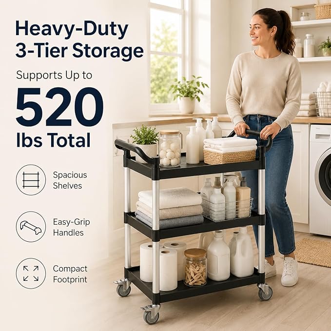 3-Tier Rolling Utility Cart with 2 Locking Brakes, 520 Lbs Heavy Duty 31.5"x15.7"x40.6" Commercial Service Cart, Tangle-Free Silent Wheels for Home, Office, Restaurant, Warehouse, Kitchen