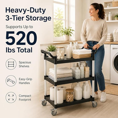 3-Tier Rolling Utility Cart with 2 Locking Brakes, 520 Lbs Heavy Duty 31.5"x15.7"x40.6" Commercial Service Cart, Tangle-Free Silent Wheels for Home, Office, Restaurant, Warehouse, Kitchen