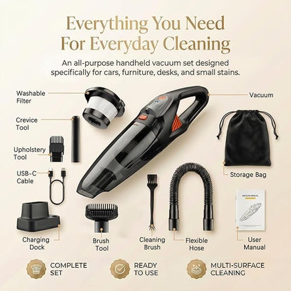 Handheld Vacuum Cordless, 25000Pa Powerful Suction Car Vacuum Portable Cordless with 8000mAh Battery & LED Light, Hand Held Vacuum Rechargeable with HEPA Filters, Home, Car Seats, Pet Hair Orange