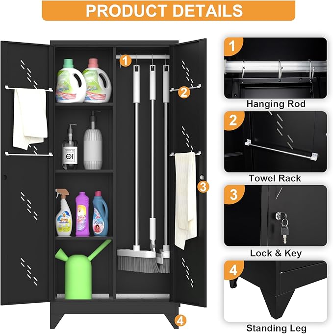 Metal Garage Storage Cabinet, Kitchen Pantry Cabinet, Broom Closet Storage Cabinet with Lock, Modern Steel File Cabinets, Broom and Mop Organizer Cabinets for Laundry Room, Home Office, Gym, Shop
