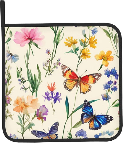 Vintage Floral Oven Mitts and Pot Holders Spring Summer Kitchen Accessories Set of 2 Wildflower Herb Flowers Gloves Potholder for Chef Cooking Baking Grilling BBQ
