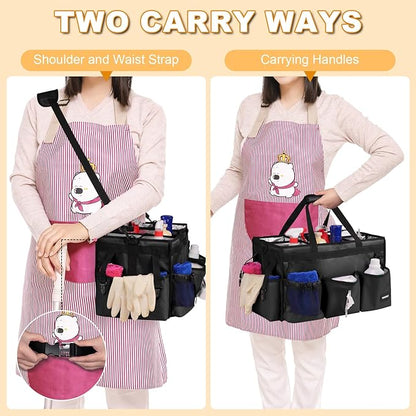 Extra Large Cleaning Caddy Bag with Built-In Support Board, Cleaning Tote Organizer with Removable Divider, Supply Carryall with Adjustable Shoulder Strap and Waist Belt for Cleaners & Housekeeper
