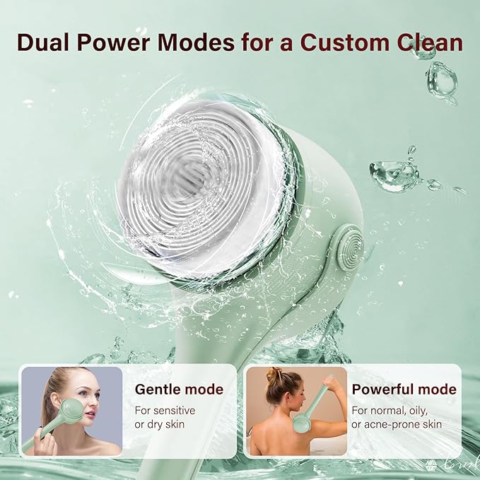 Electric Body Brush Back Scrubber for Shower, 8 Replaceable Heads and Hook, Long Handle, 2-Speed, Type-C Rechargeable, Waterproof, for Cleansing, Exfoliating and Massaging Skin（Green）