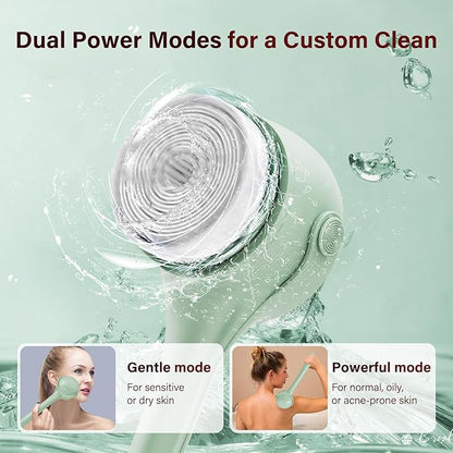 Electric Body Brush Back Scrubber for Shower, 8 Replaceable Heads and Hook, Long Handle, 2-Speed, Type-C Rechargeable, Waterproof, for Cleansing, Exfoliating and Massaging Skin（Green）