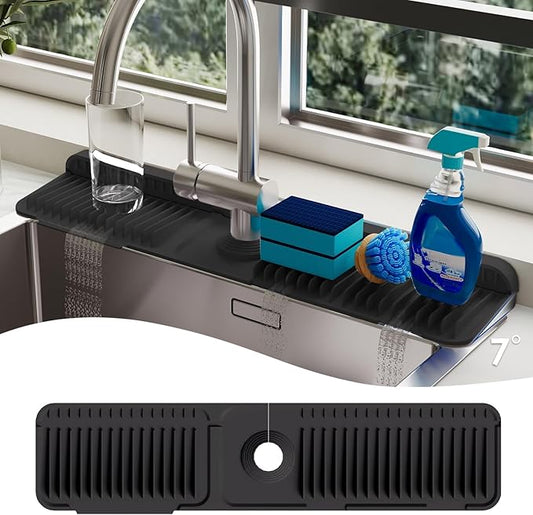 24 Inch Silicone Faucet Mat for Kitchen Sink Splash Guard - 7° Slope Upgraded Water Draining Mat with Fasten Button for Bathroom Area (Black, 24''x5.5'')