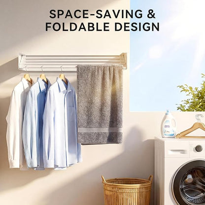 Clothes Drying Rack Wall Mounted - 40" Large Stainless Steel Laundry Drying Rack Collapsible, 60LBS Heavy Duty Retractable Hanger, 5-Rod Tiered Foldable Rack for Indoor