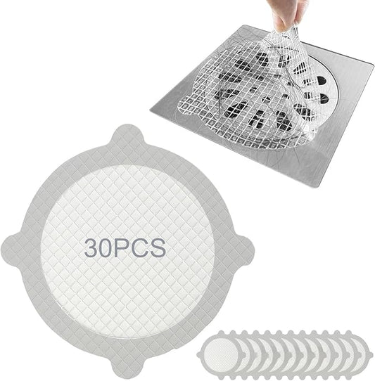 30 Pack Disposable Shower Drain Hair Catcher, Round 4-Ear Glass Fiber Stickers, 3.93In Mesh for Bathroom Tub Kitchen, Hair Trap Sticker to Prevent Clogs