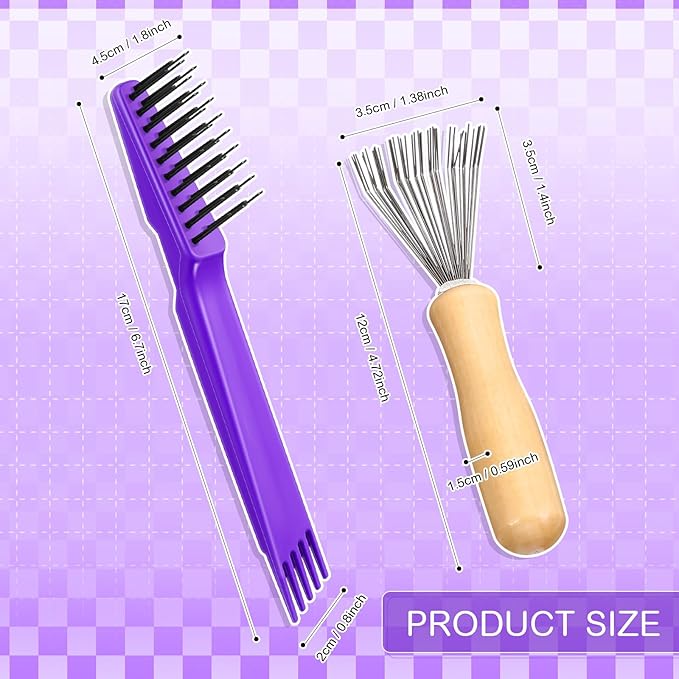 Boao 2 Pieces Hair Brush Cleaning Tool Comb Cleaner Brush Mini Comb Cleaning Hair Remover Tool for Removing Dust Home and Salon Use(Purple, Wood Color,Polished Wooden Handle Rake)