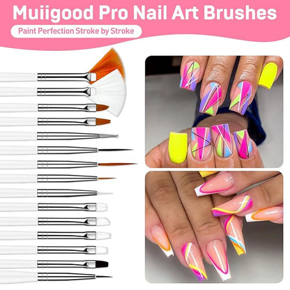 MUIIGOOD 15pcs White Nail Art Brushes Set Nail Pen Designer Acrylic Nail Art Gel Painting Brushes Tool Dust Brush,Striping Brushes Dotting Tools for Long Lines Fan Brush Gel Polish Nail Art Supplies