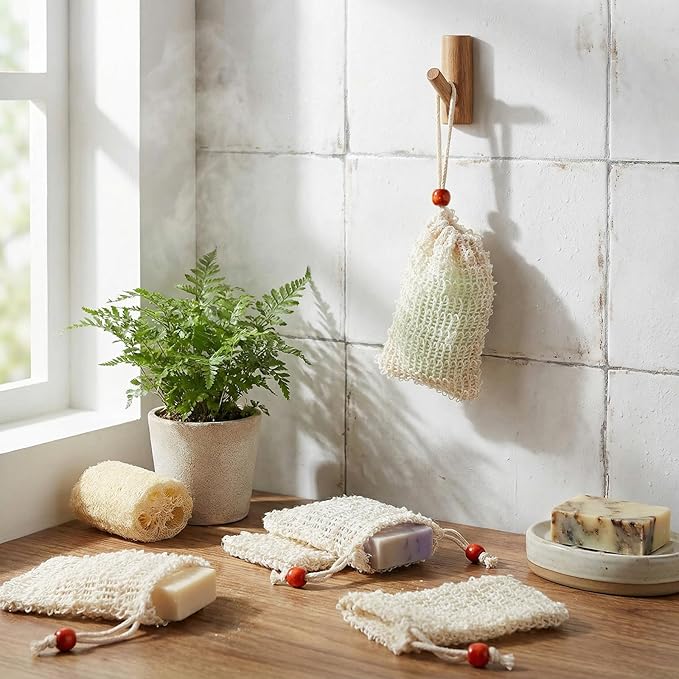 50 Pcs Soap Bags Mesh Exfoliating, Natural Sisal Soap Saver Bag Pouch, Quick-Drying Reusable Plastic-Free Mesh Net with Drawstring Bar Wooden Bead for Shower Use Like Massaging (3.5x5.5 Inch)