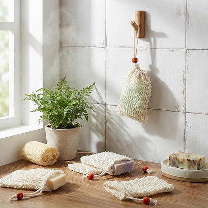 50 Pcs Soap Bags Mesh Exfoliating, Natural Sisal Soap Saver Bag Pouch, Quick-Drying Reusable Plastic-Free Mesh Net with Drawstring Bar Wooden Bead for Shower Use Like Massaging (3.5x5.5 Inch)