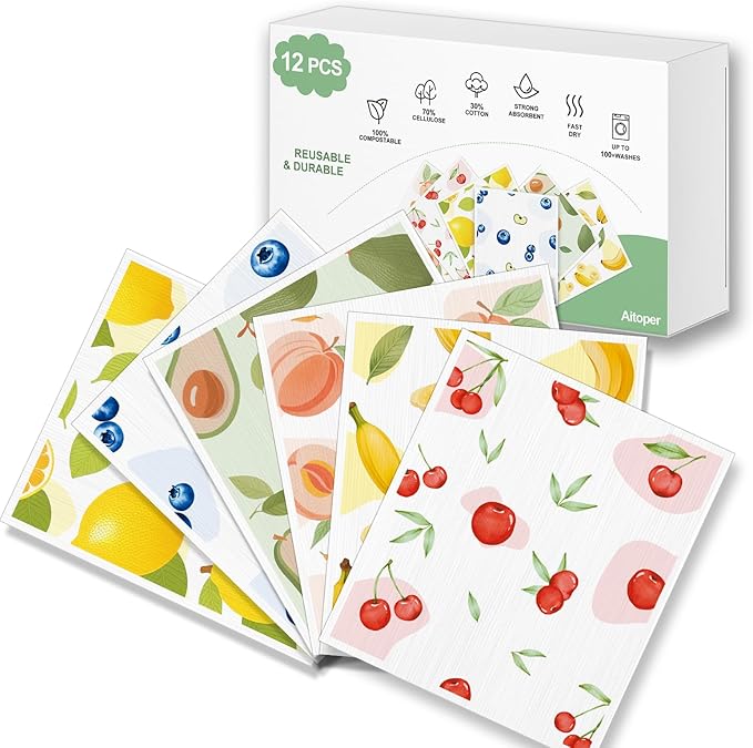 Swedish Dishcloths for Kitchen, 12 Pack Reusable Paper Towels, Super Absorbent, No Odor, Fast-Drying, Non-Scratch Cellulose Sponge Cloths for Counters Dishes Home Bar Table Wiping