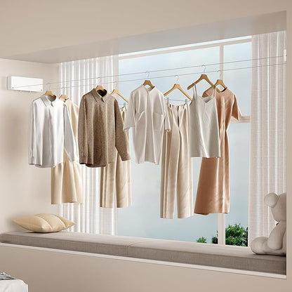 Retractable Clothesline Indoor, Non-Sagging Clothes line retracting Outdoor, Heavy Duty Wall Mounted Laundry Line Adjustable Stainless Steel for Laundryroom, Bathroom, 15.8 Feets Double Lines White