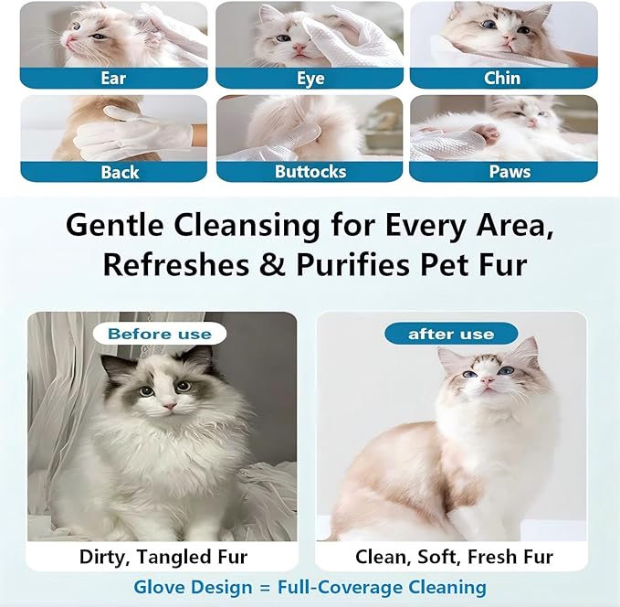 Pet Glove Wipes, No Rinse Deodorizing Mittens for Sphynx, Devon Rex, Cats & Dogs, Thickened Hypoallergenic with Aloe Vera, Unscented Full Body Grooming, Daily Care & Travel,18 Count