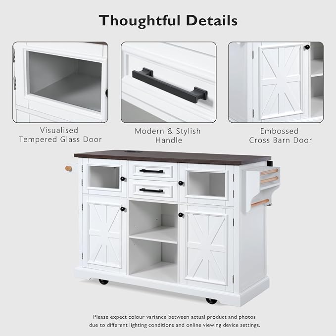 54.9" Large Kitchen Island with Drop Leaf, Power Outlet, Kitchen Storage Islands with Cross Barn Doors & Visual Glass Door, Rolling Kitchen Cart on 4 Wheels, White
