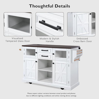 54.9" Large Kitchen Island with Drop Leaf, Power Outlet, Kitchen Storage Islands with Cross Barn Doors & Visual Glass Door, Rolling Kitchen Cart on 4 Wheels, White