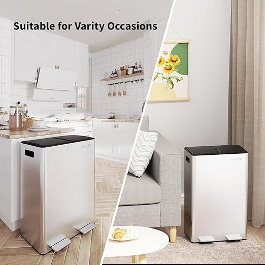 mVm Kitchen Trash Can, 16(2x8) Gal Dual Compartment Recycle Bin, Stainless Steel Garbage Bin for Home Kitchen Office (Silver)