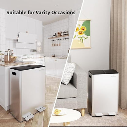mVm Kitchen Trash Can, 16(2x8) Gal Dual Compartment Recycle Bin, Stainless Steel Garbage Bin for Home Kitchen Office (Silver)