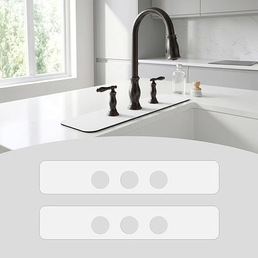 2PCS Faucet Mat for Bathroom Sink 3 Holes: 24’’Lx4.5’’W White Splash Guard Fits 8 Inch Widespread Farmhouse Vintage Bridge Kitchen Vanity Faucet - Customizable Counter Protector for Irregular Sink