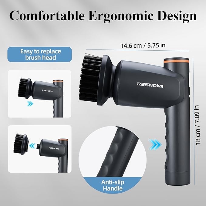 Electric Spin Scrubber,Cordless Shower Scrubber with LCD Display,2 Speeds Electric Scrubber with 6 Replaceable Heads,Handheld Cleaning Brush for Kitchen/Bathroom/Tile/Tub(Gray-Black)