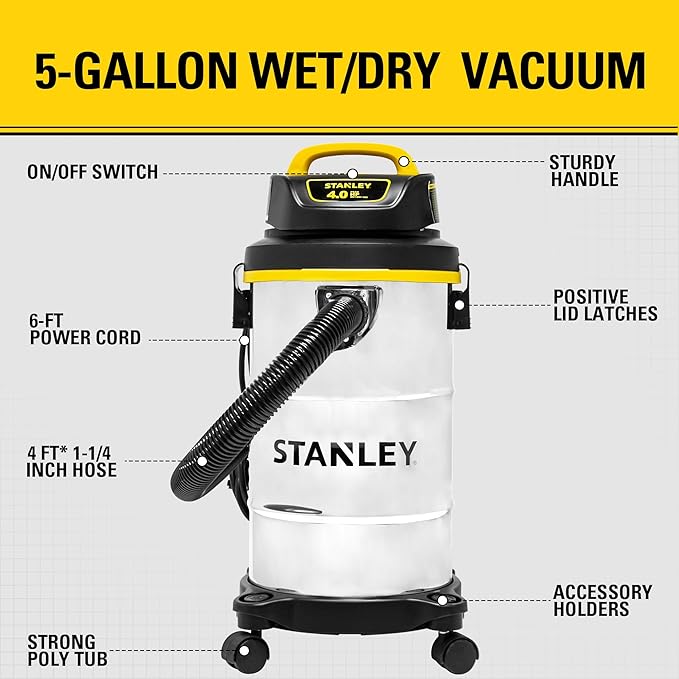 STANLEY Shop Vacuum Wet/Dry, 5 Gallon, 4 Horsepower, Stainless Steel Wet/Dry Vac Silver+Yellow+Black