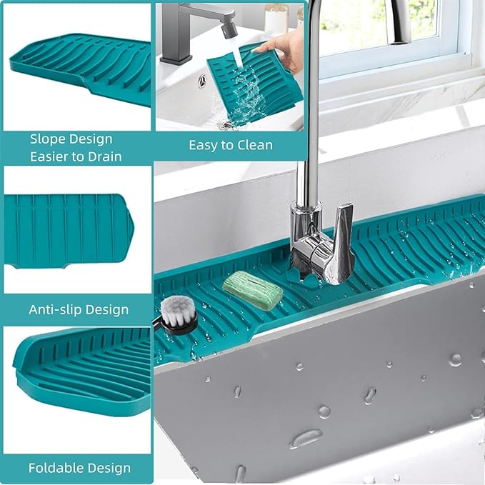 30 Inch Sink Splash Guard, Large Size Kitchen Sink Splash Guard, Longer Silicone Faucet Handle Drip Catcher Tray for Kitchen Countertop, Bathroom, Farmhouse (Green)