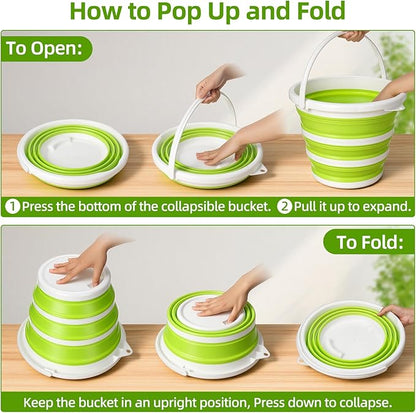 Collapsible Bucket with Handle, Space Saving Silicone Mop Bucket, Portable Foldable Cleaning Bucket for Home, Camping, Car Wash, Laundry, Kitchen & Outdoor Use (Green)