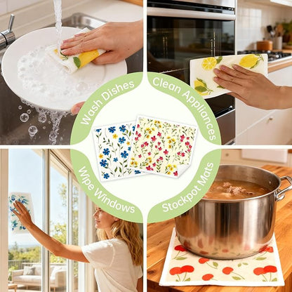Swedish Dishcloths for Kitchen, 5 Pack Floral Flowers Reusable Paper Towels with 3 Hooks, Washable Dish Cloth Set, Absorbent Cleaning Cloth for Washing Dishes Housewarming Gifts for Friend
